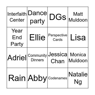 P2C Year End Party BINGO Card