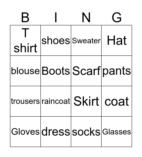 Clothes  Bingo Card
