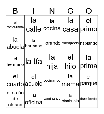 La Familia, Lugares, y Verbos Bingo Card
