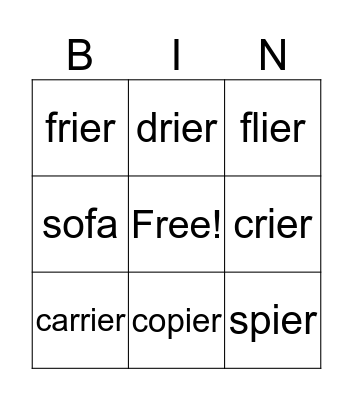 Open Syllable Bingo Card