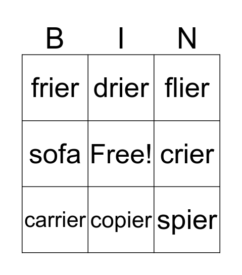 Open Syllable Bingo Card