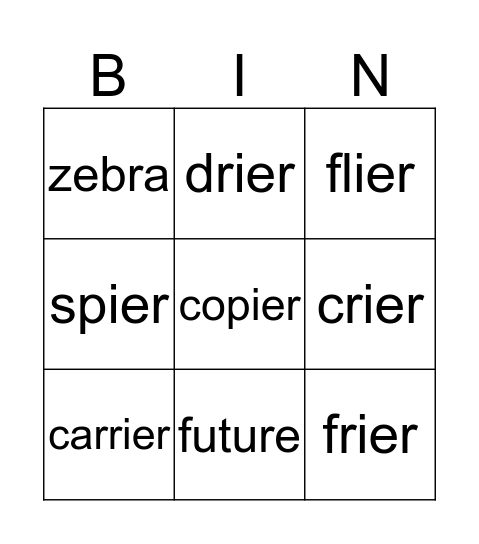 Adding -er to Words That End in Y Bingo Card