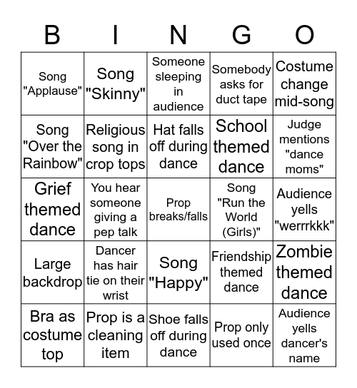 En Pointe/Just Dance Bingo Card