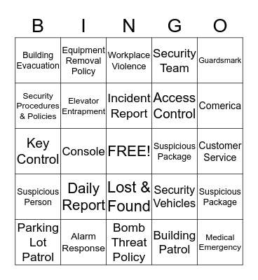 Comerica Corporate Security Bingo! Bingo Card