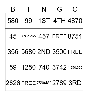NUMBERS BINGO Card