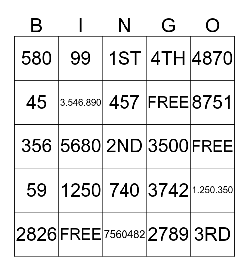 NUMBERS BINGO Card