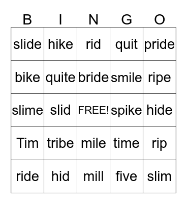 Long I Bingo Card