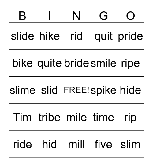 Long I Bingo Card