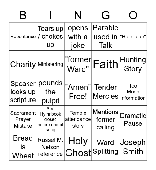 Sacrament Meeting Bingo Card