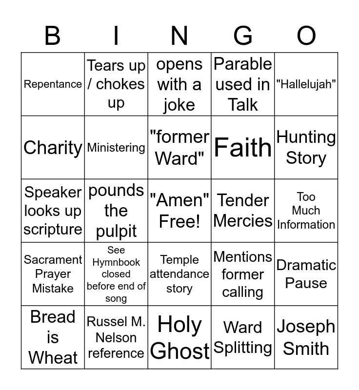 Sacrament Meeting Bingo Card