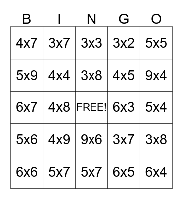 Multiplication Bingo Card