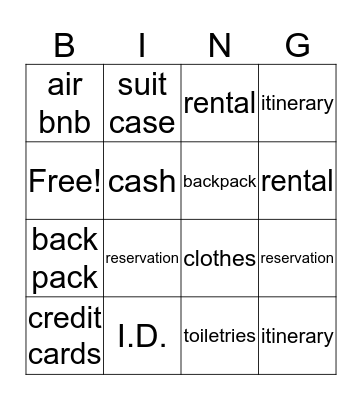 vacation Bingo Card