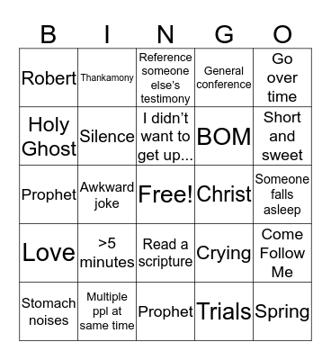 Fast and Testimony Bingo Card