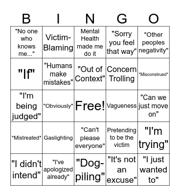 Fake Apology Bingo Card