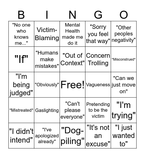 Fake Apology Bingo Card