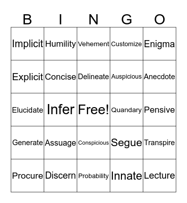 Vocabulary Bingo Card