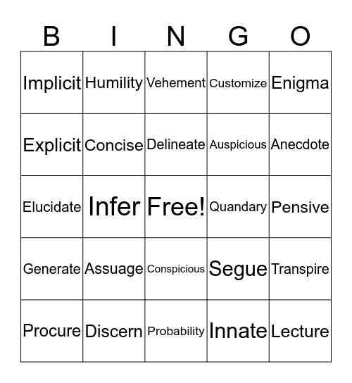 Vocabulary Bingo Card