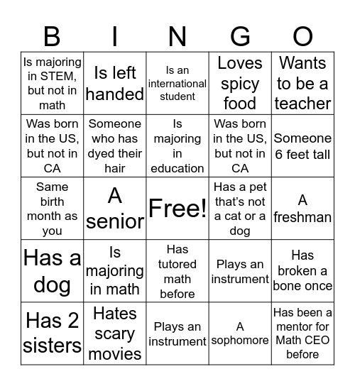 Math CEO Bingo (Meet the Mentors) Bingo Card