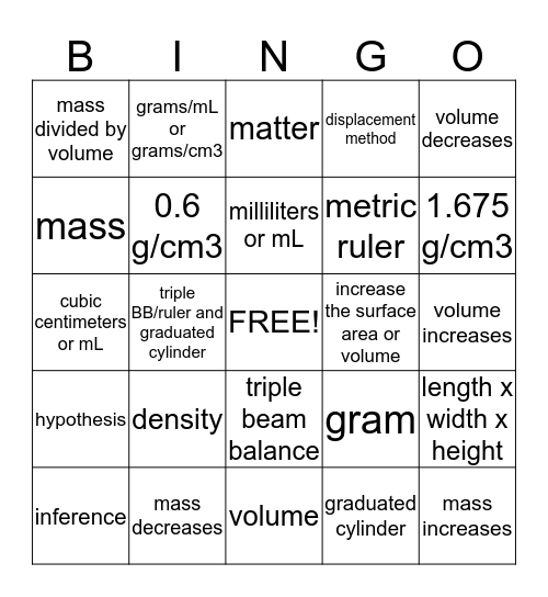 Density Bingo Card