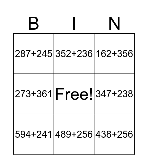 3-digit addition Bingo Card