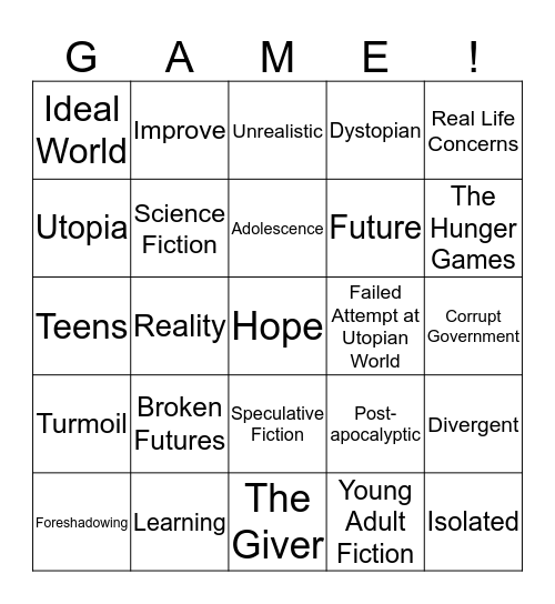 Dystopia and Utopia Bingo Card