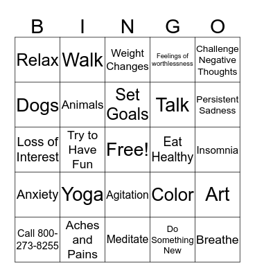 Depression Symptom and Mangement Bingo Card