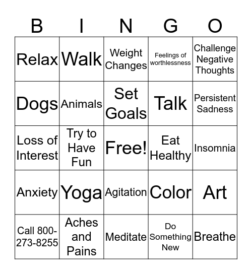 Depression Symptom and Mangement Bingo Card