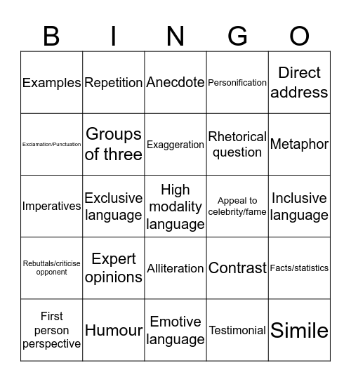 Persuasive Techniques Bingo Card