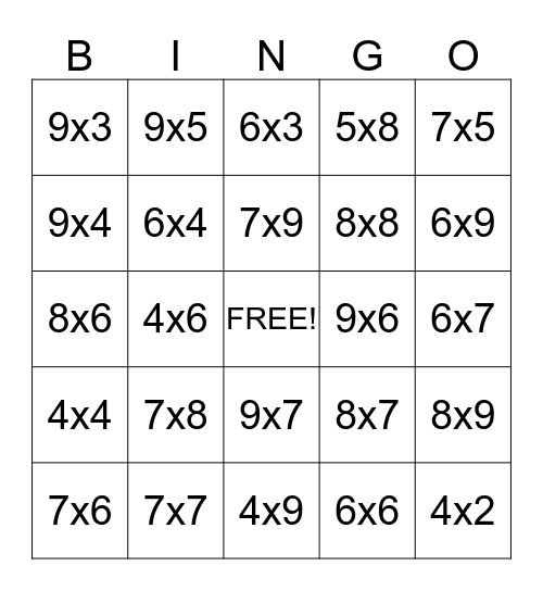 multiplication  bingo Card