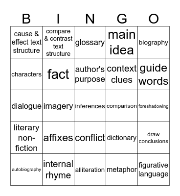 Reading Vocabulary One Bingo Card