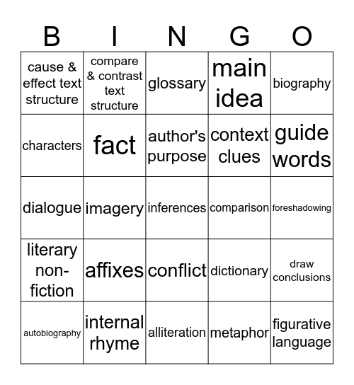 Reading Vocabulary One Bingo Card