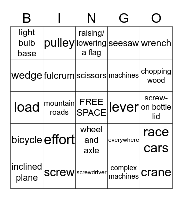 Simple Machines Bingo Card