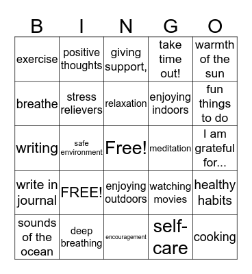 Coping Skills Bingo Card