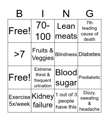 Diabetic Bingo Card