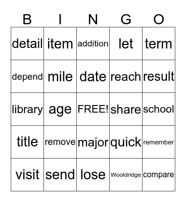 WORD CHALLENGE Bingo Card