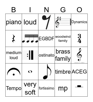 Musical Symbols Bingo Card