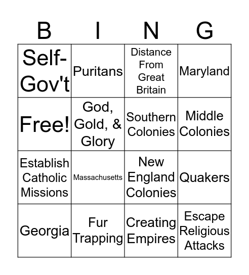 Colonial Era Bingo Card