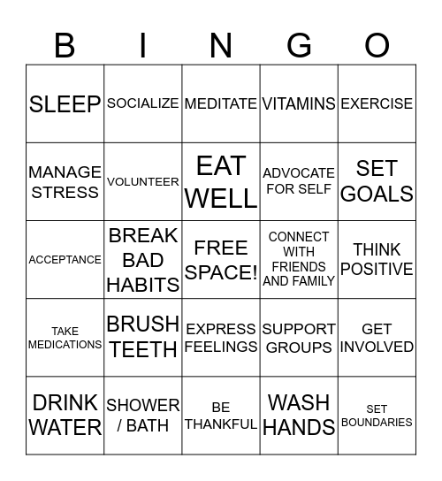 HEALTHY ME Bingo Card