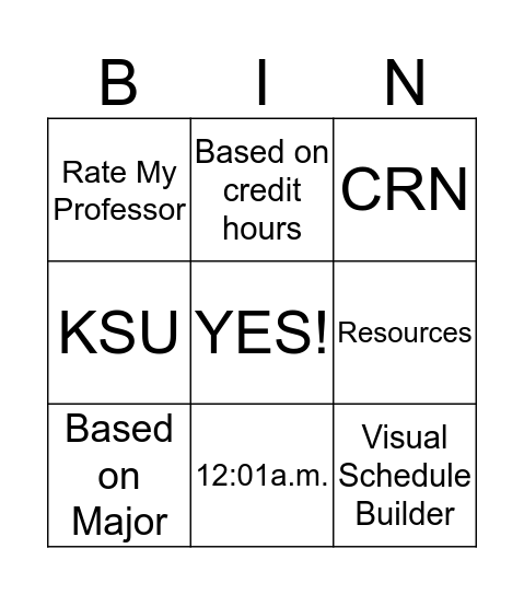 Registering for Classes BINGO Card