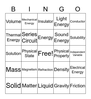 Physical Science Bingo  Bingo Card