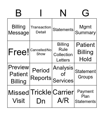 Period Close, Patient Billing, Reports Bingo Card