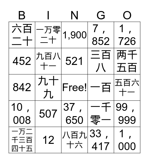 数字 Bingo Card