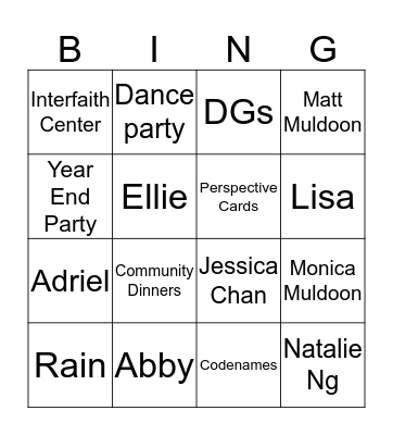 P2C Year End Party BINGO Card