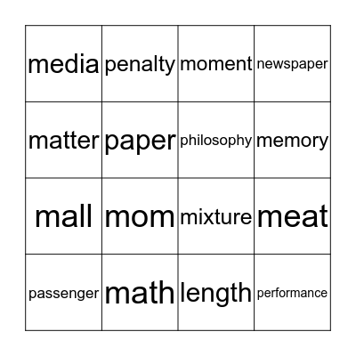 600 Most Common Nouns in English - Part IV Bingo Card