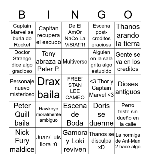 LOS AVENGADORES JUEGO FINAL Bingo Card