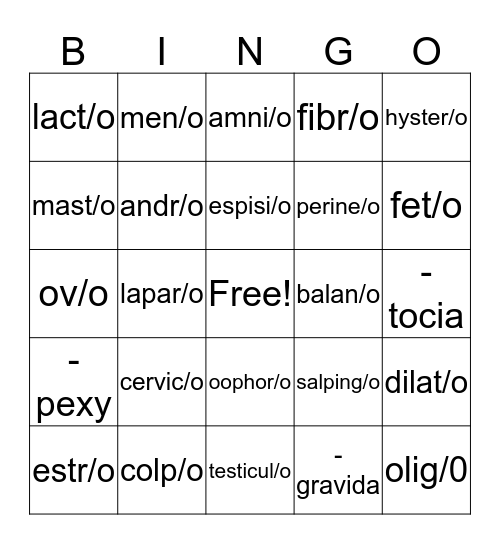 10A Female Bingo Card