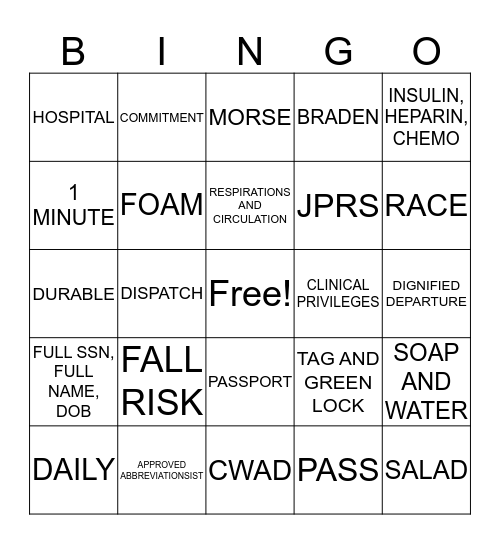Boot Camp Bingo Card