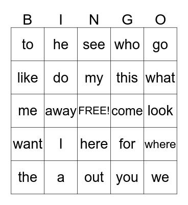 Vocabulary Bingo Card