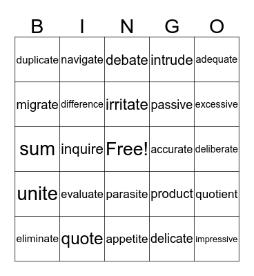 Vocabulary Bingo Card