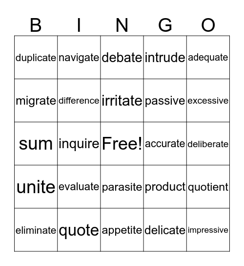 Vocabulary Bingo Card